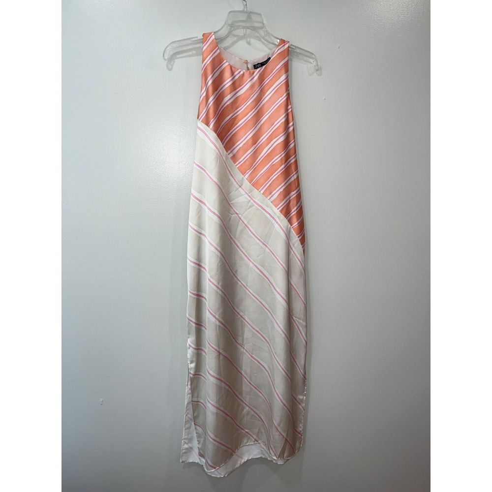 ZARA Woman pink stripe satin midi dress Lined ROUND NECK SLEEVELESS Medium